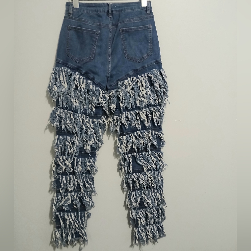 Purple Candy Blue Distressed Fringe Jeans - - Picture 2 of 3